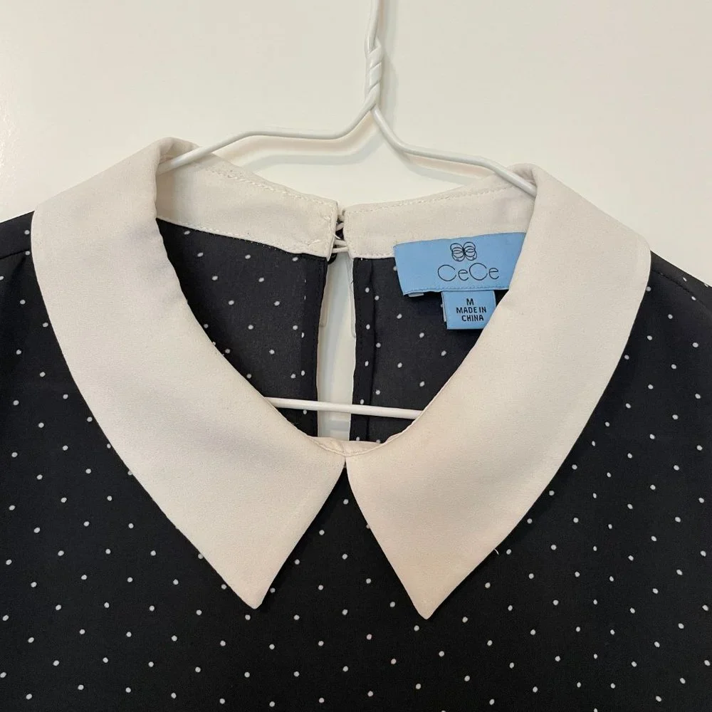 CeCe Womens Short Sleeve Polka Dot Collared Blouse Navy Blue White Size Medium - Picture 6 of 11